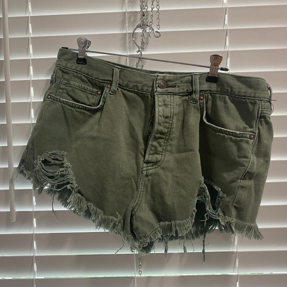 We The Free Olive Green Distressed Denim Cutoff Shorts